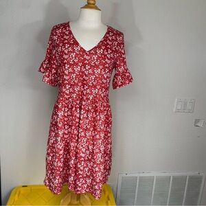 NCLOOK Women Red V Neck Flute Sleeve Tiered Flowy Mini Dress Size Medium Boho